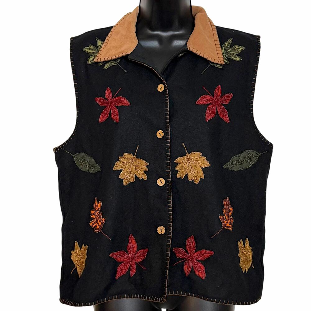 Vtg Dress Barn Fall Leaves Embroidered Vest Black Large Autumn Boho Grandma 90s